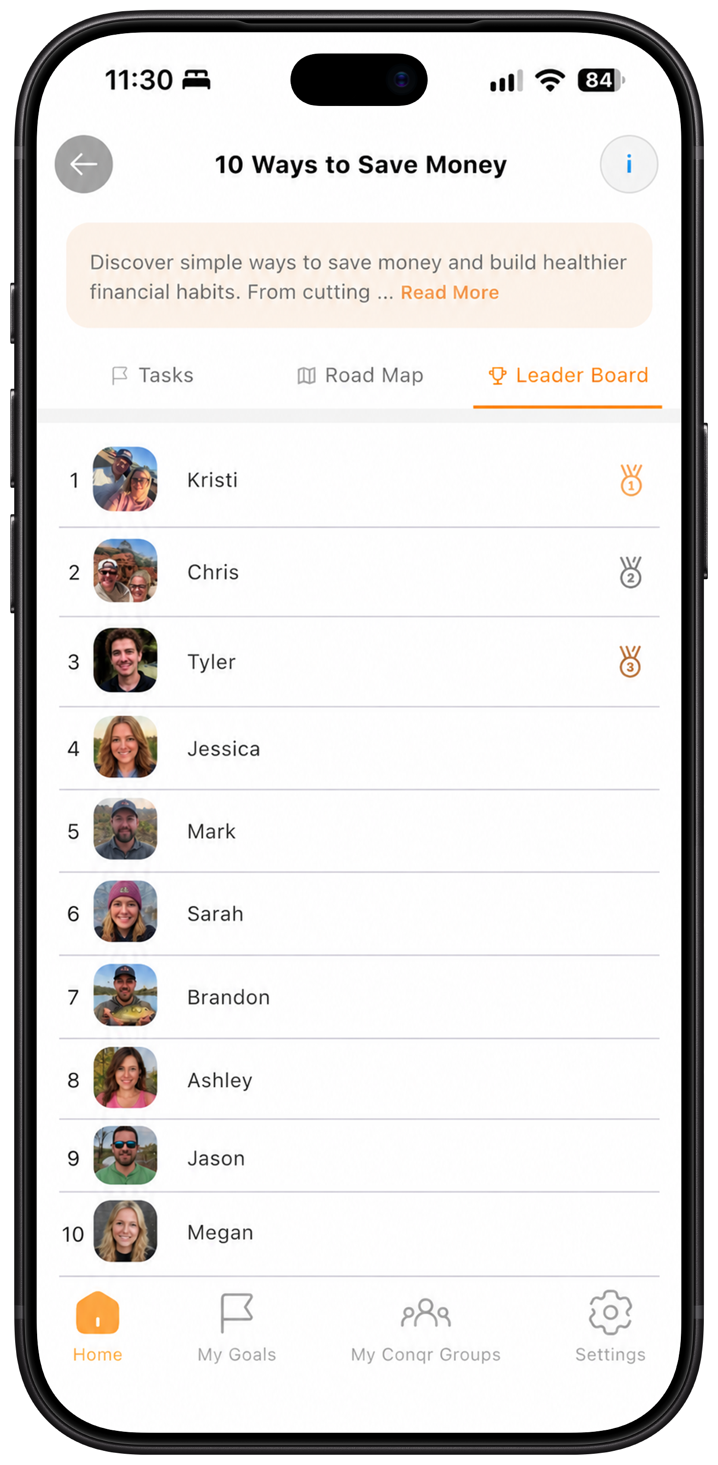 Conqr Leader Board mobile application screen